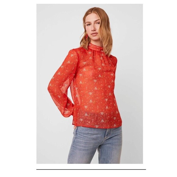 French Connection Delmira Sheer Printed Blouse Womens Size 0 Floral Red Orange - Picture 1 of 6